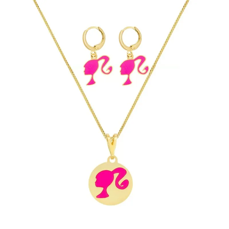 Kit Colar e Brinco de Argola Barbie Semijoia 18k Resinado