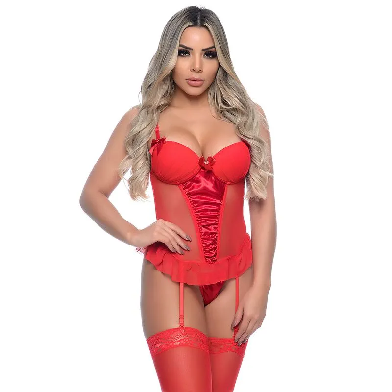 Espartilho em Tule com Detalhes em Cetim, Strass e Laços Macler