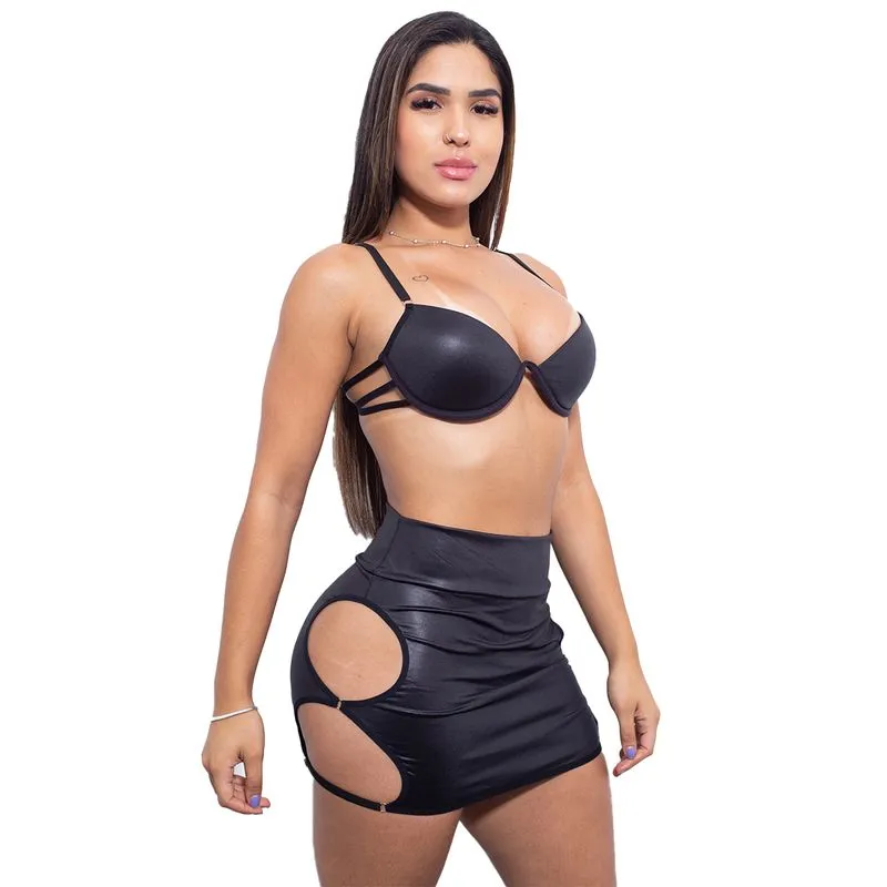 Conjunto Country em Cirrê com Saia e Sutiã com Tiras Hot Love