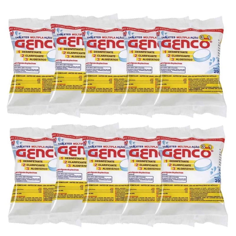 Kit 10 Unidades Pastilha de Cloro Multipla Ação 3 em 1 200g - Genco