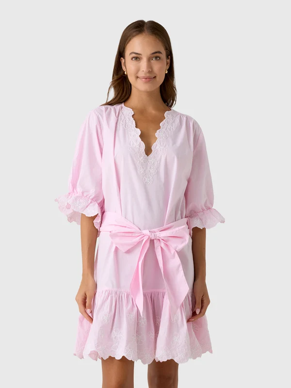 Juliet Dunn Women's Embroidered Tie Waist Mini Dress 1 / PETAL PINK/WHITE