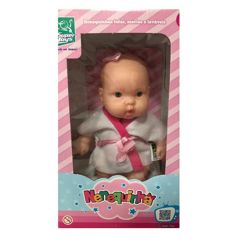 Boneca Nenequinha Roupao - Branco com Rosa - Sem Capuz SUPER TOYS