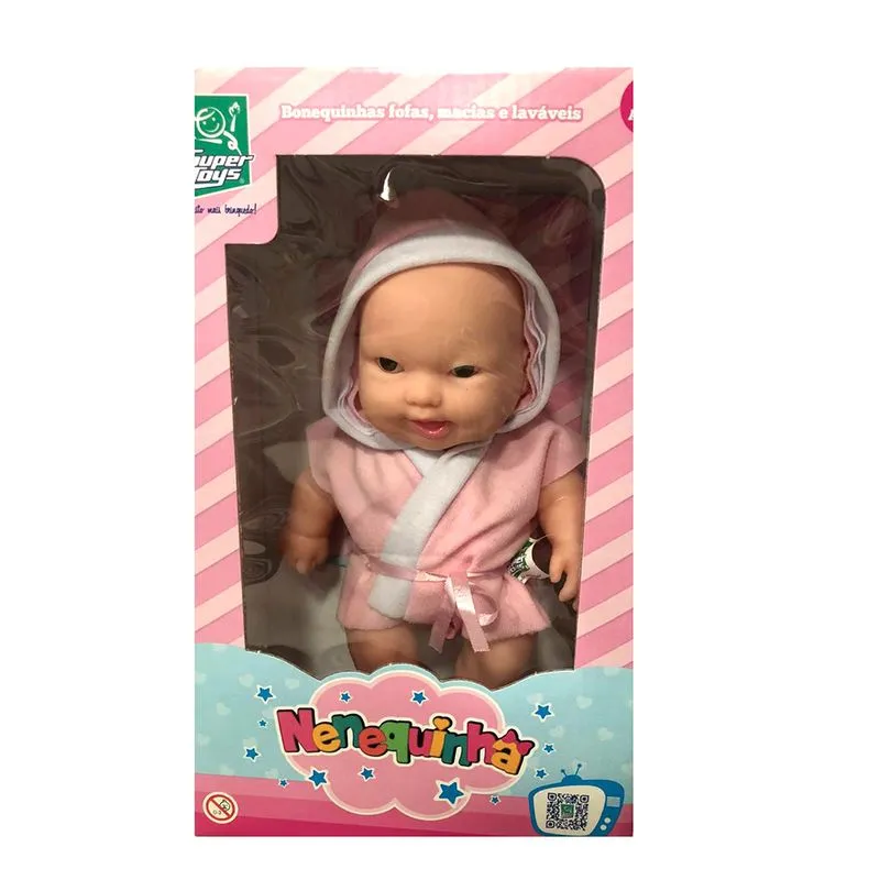 Boneca Nenequinha Roupao Rosa e Branco com Capuz SUPER TOYS