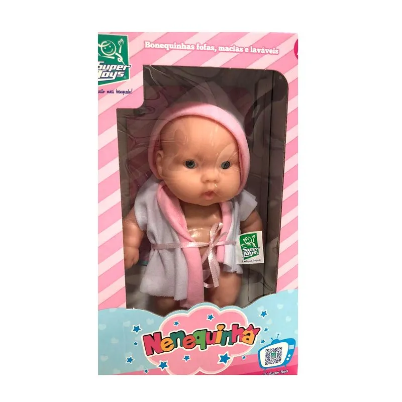 Boneca Nenequinha Roupao Branco com Rosa com capuz SUPER TOYS