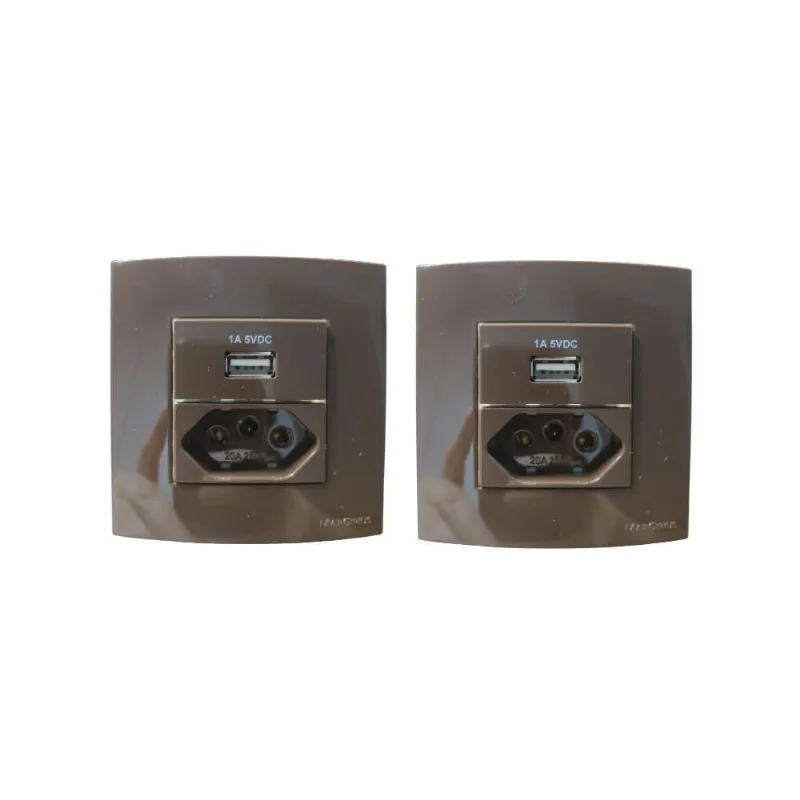 02 Tomada Dupla Para Móveis Margirius 10/20A + Usb - Marrom