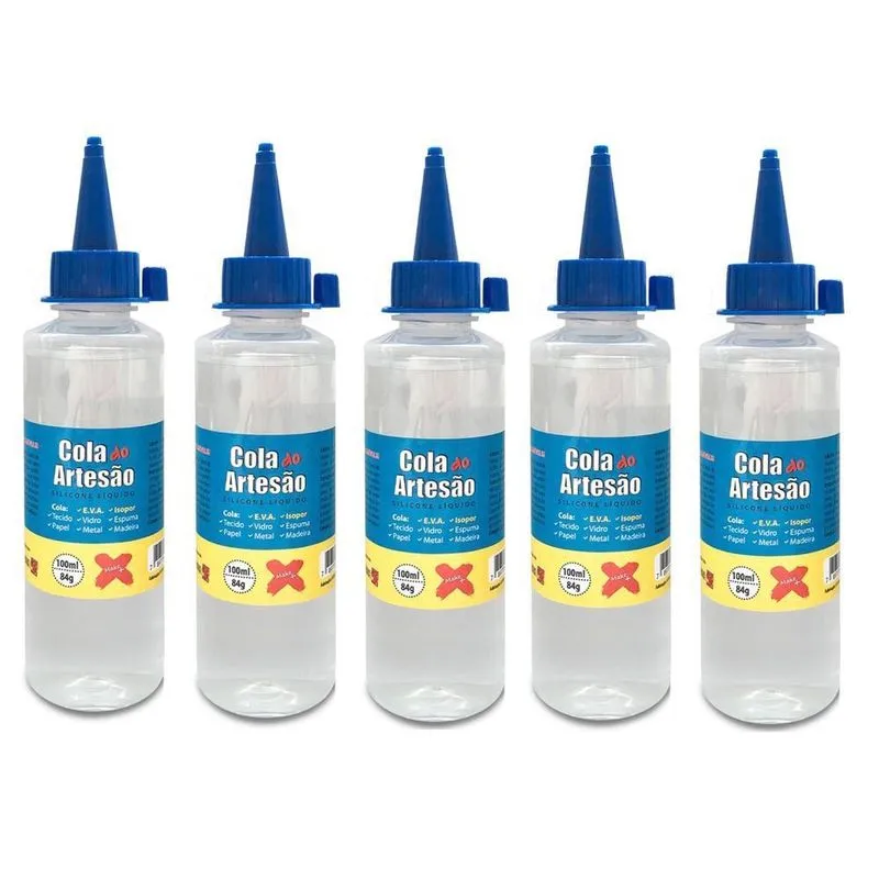 5 Cola De Silicone Líquida Artesanato Eva Isopor Couro 100Ml