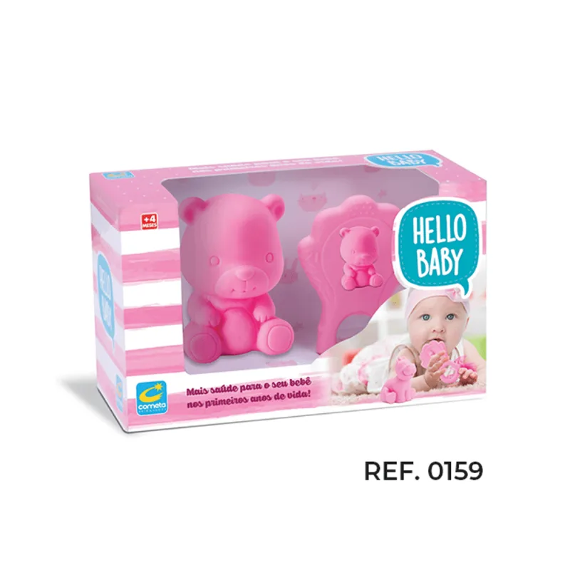 Mordedor e Urso de Vinil Hello Baby -Rosa COMETA