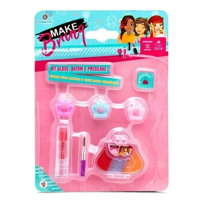 Kit Maquiagem Infantil - Kit Gloss, batom e presilhas -MK01 POLIBRINQ
