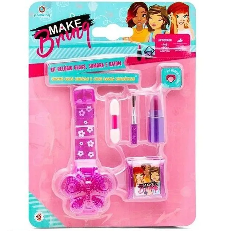 Kit Maquiagem Infantil - Kit Relogio Gloss, Sombra e Batom - MK01 POLIBRINQ