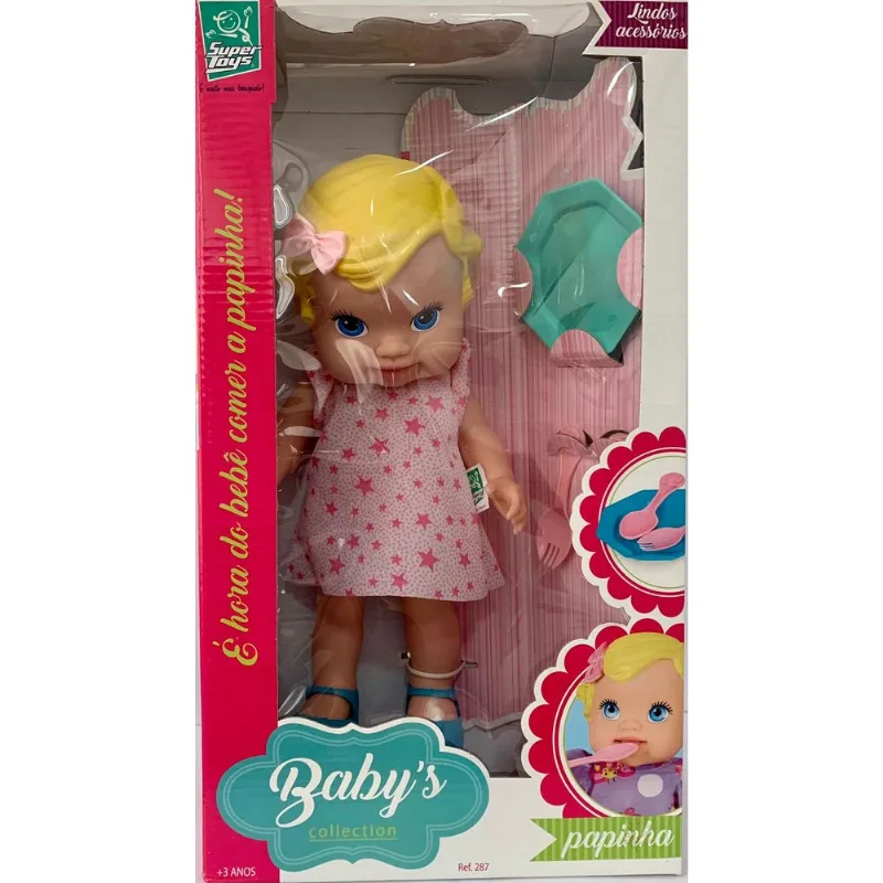 Boneca Babys Collection Papinha - Loira - Vestido Rosa SUPER TOYS