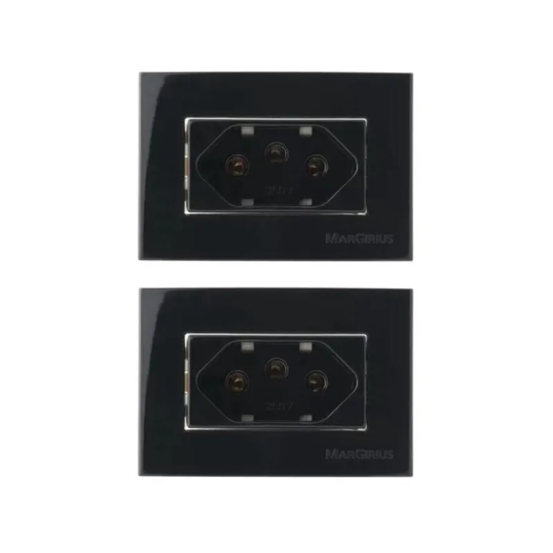 02 Tomada Moveis Margirius 2P + T Preta 10A 250V Nbr 14136