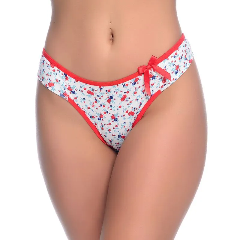 Calcinha Tanga Estampada com Laço e Flor de Enfeite Yully