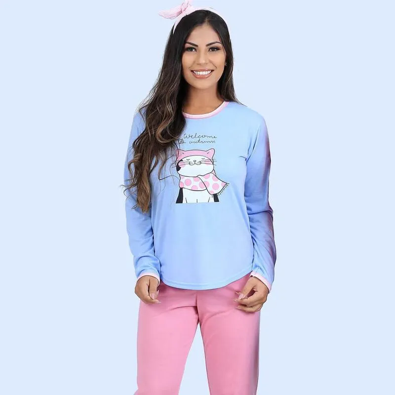 Pijama Longo Feminino Cia do Corpo 4678 Gatinho