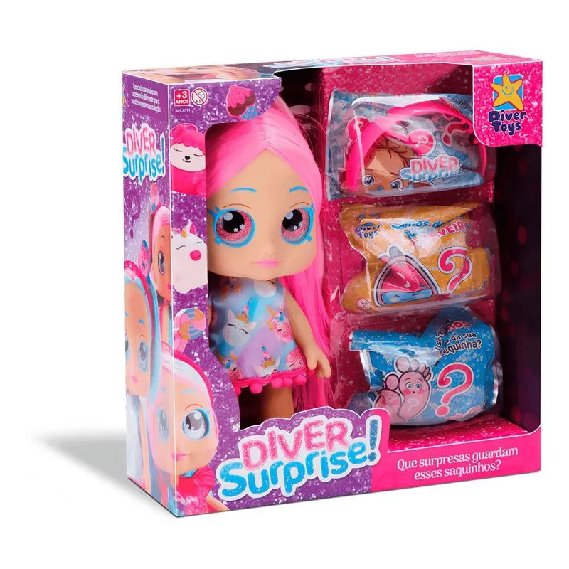 Boneca - Diver Surprise - Dolls Cabelo Rosa - 8171 - DIVERTOYS