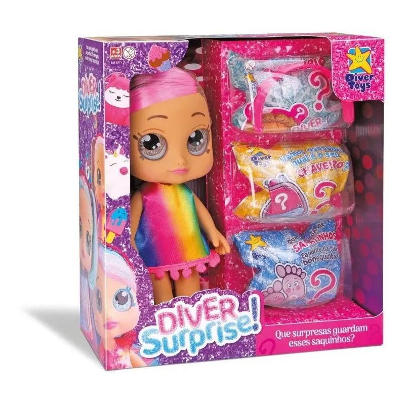Boneca - Diver Surprise - Dolls Cabelo Rosa e Castanho - 8171 - DIVERTOYS