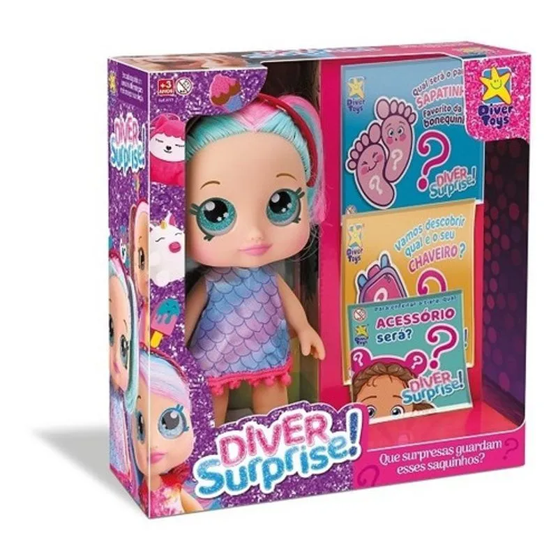 Boneca - Diver Surprise - Dolls Cabelo Verde e Rosa - 8171 - DIVERTOYS