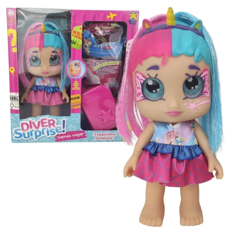 Boneca - Diver Surprise - Vamos Viajar Cabelo Azul e Rosa - 8227 - DIVERTOYS