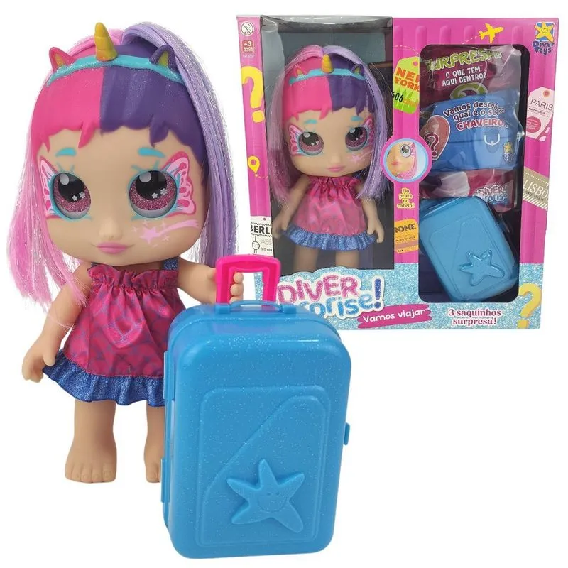 Boneca - Diver Surprise - Vamos Viajar Cabelo Roxo e Rosa - 8227 - DIVERTOYS