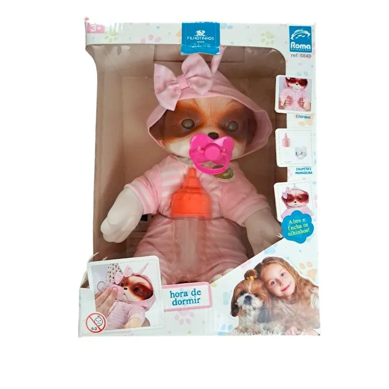 Colecao Bebe Pets - Filhotinhos - Shitzu - Hora de dormir Rosa - 5840 ROMA JENSEN