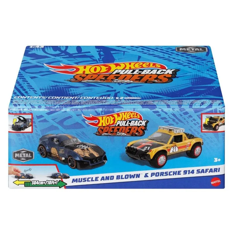 Hot Wheels Pullback Speeders - Conjunto de 2 Carrinhos de Friccao Surpresa - Azul e Amarelo MATTEL