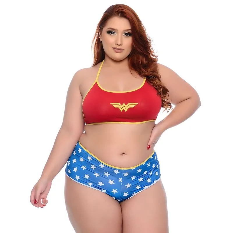 Fantasia Conjunto Mini Mulher Maravilha Plus Size Pimenta Sexy