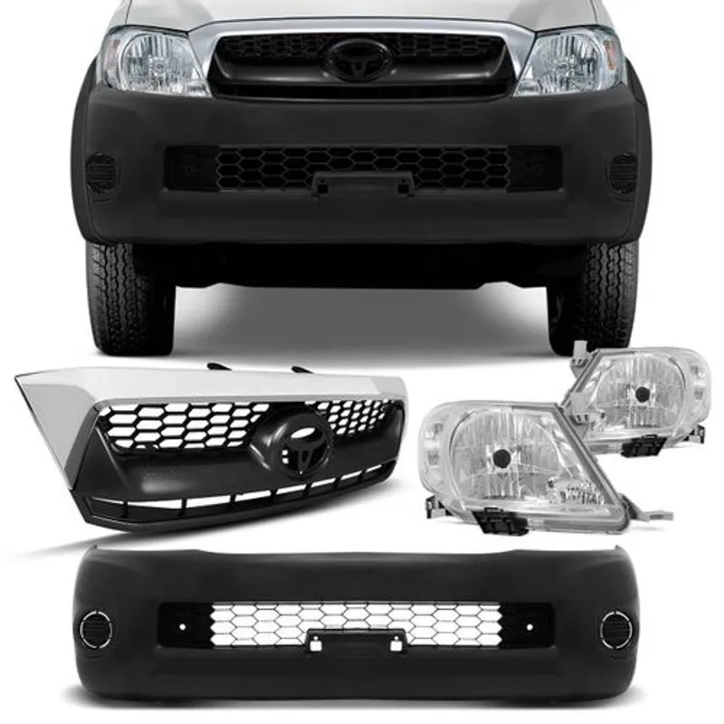 Kit Farol Hilux 09 10 11 + Grade Cinza Cromada + Para-Choque Dianteiro