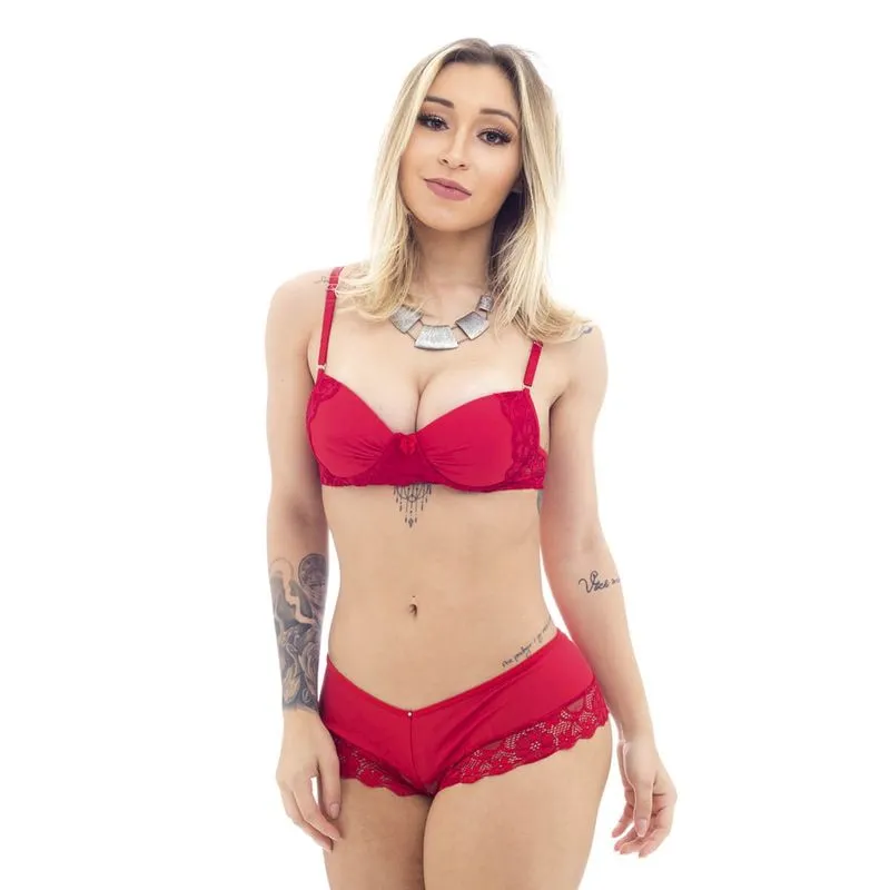 Conjunto Caleçon em Microfibra e Renda com Detalhes em Lacinho e Strass Conjunto Calesson em Microfibra e Renda com Detalhes em Lacinho e Strass