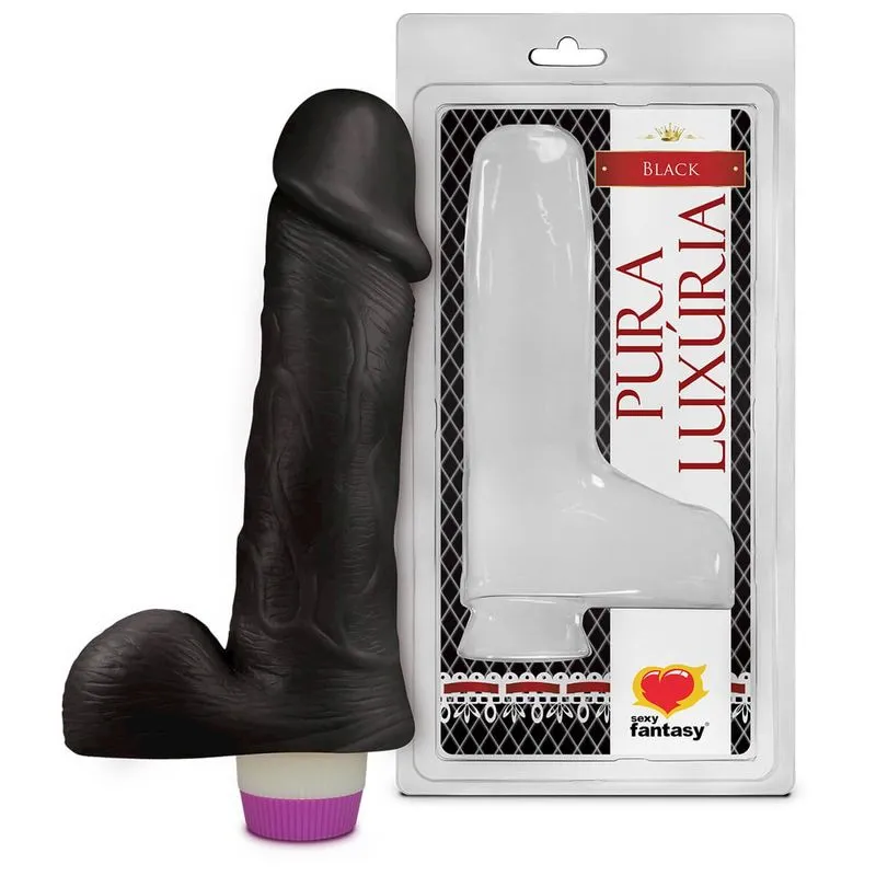 Prótese Realística com Vibro e Escroto Pura Luxúria Black 17,5 x 4,5 cm Sexy Fantasy