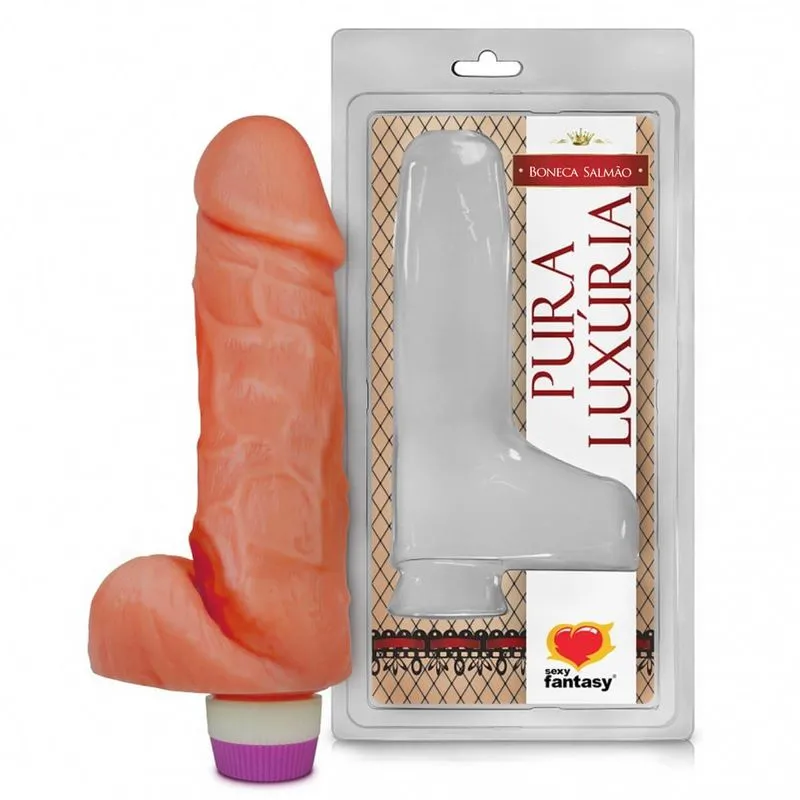 Prótese Realística com Vibro e Escroto Pura Luxúria Salmão 17,5 x 4,5 cm Sexy Fantasy