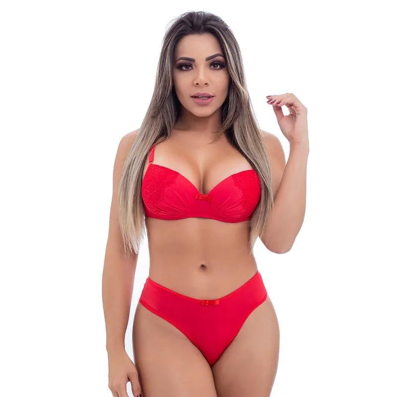 Conjunto Fio Duplo em Microfibra com Detalhes em Renda e Lacinho Patitex