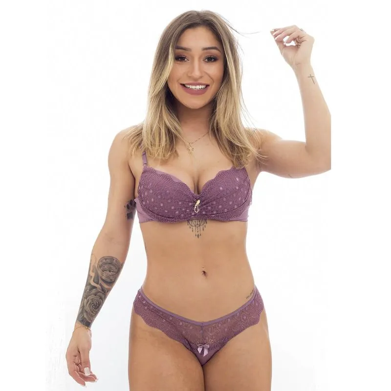 Conjunto Fio Duplo Princesa em Microfibra Rendado com Pingente e Lacinho Patitex