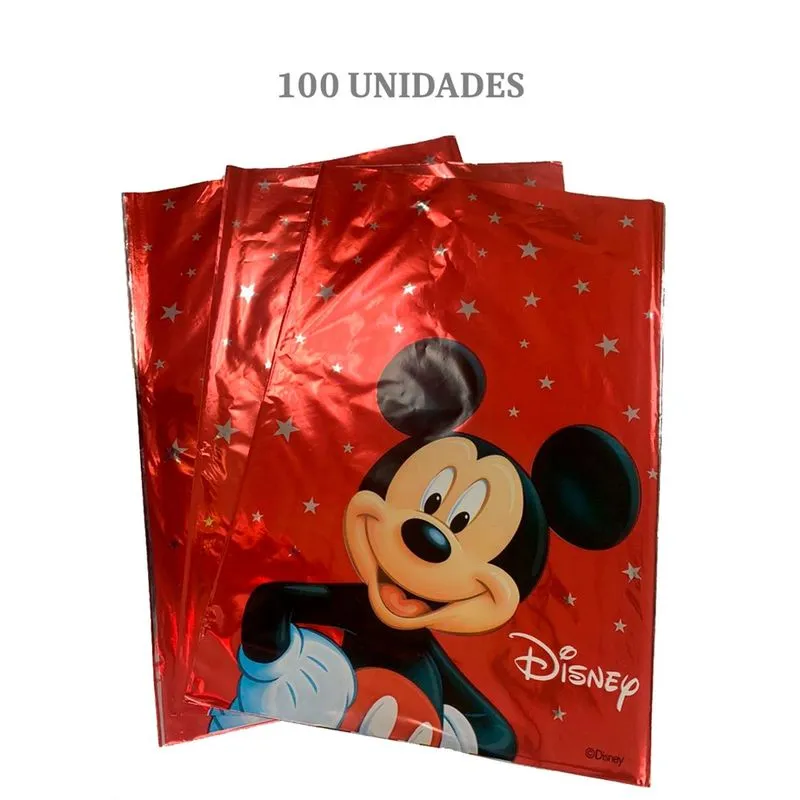 Saco para Presente Metalizado 25X37 Mickey - 100 Unidades