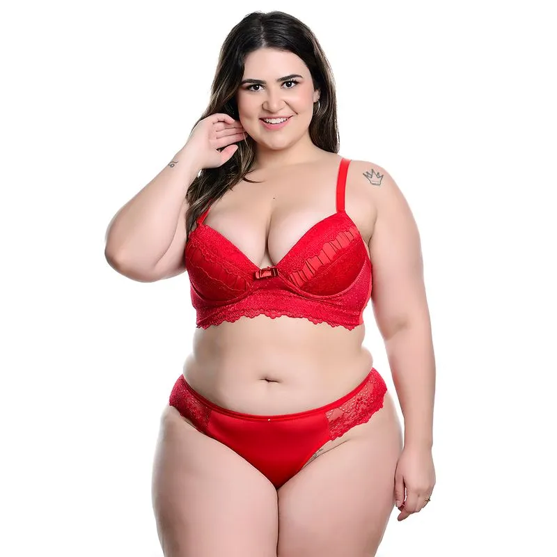 Conjunto Plus Size Modelo Fio Duplo em Microfibra com Detalhes Rendados no Bojo e Lacinho Hot Love