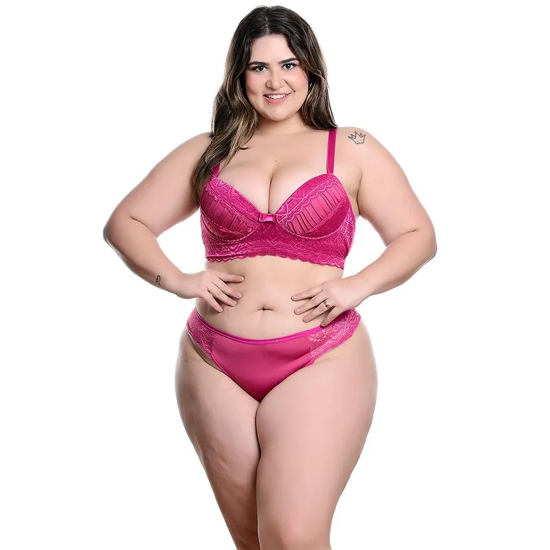 Conjunto Plus Size Modelo Fio Duplo em Microfibra com Detalhes Rendados no Bojo e Lacinho Hot Love