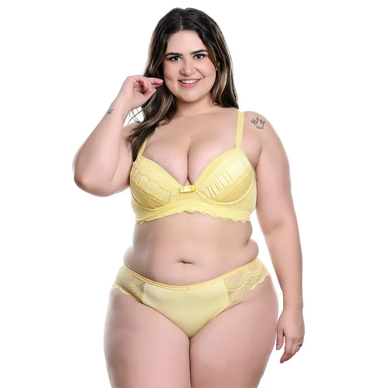 Conjunto Plus Size Modelo Fio Duplo em Microfibra com Detalhes Rendados no Bojo e Lacinho Hot Love
