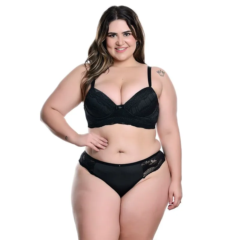 Conjunto Plus Size Modelo Fio Duplo em Microfibra com Detalhes Rendados no Bojo e Lacinho Hot Love