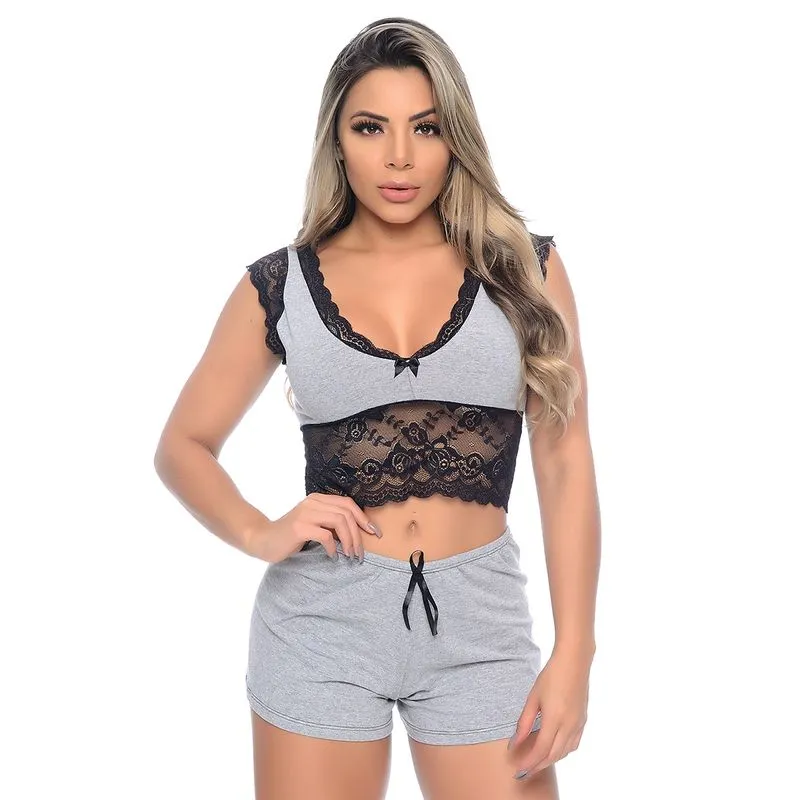 Baby Doll Nathalia Pijama em Malha com Detalhes Rendados Patitex