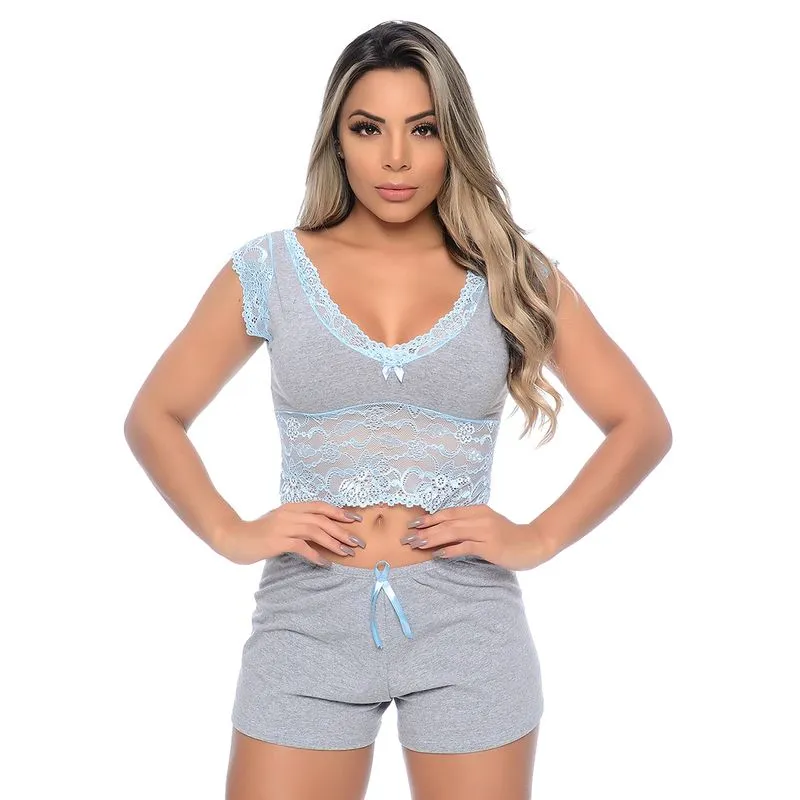 Baby Doll Nathalia Pijama em Malha com Detalhes Rendados Patitex