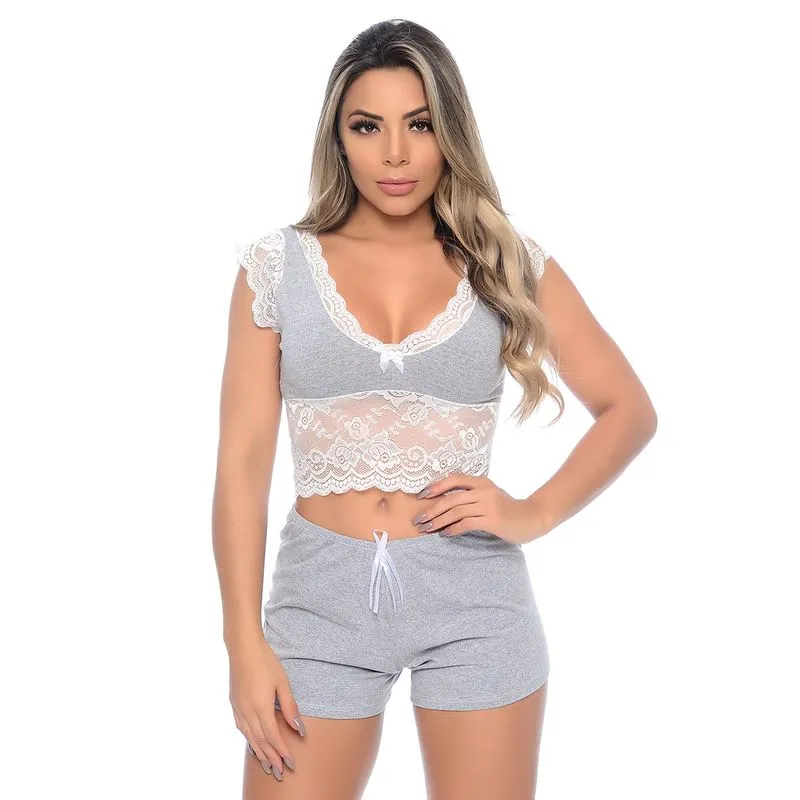 Baby Doll Nathalia Pijama em Malha com Detalhes Rendados Patitex