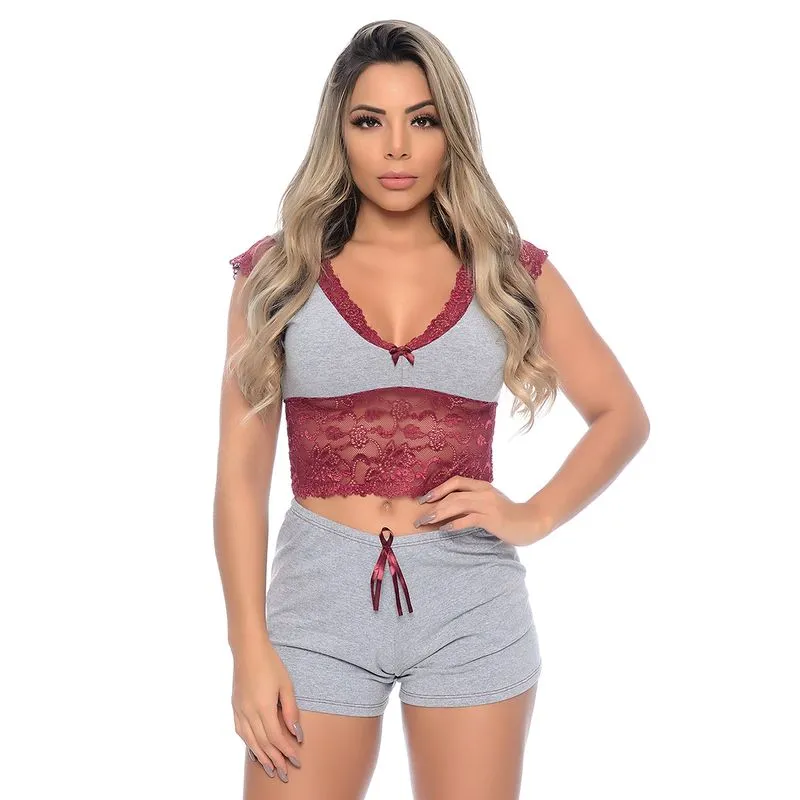 Baby Doll Nathalia Pijama em Malha com Detalhes Rendados Patitex