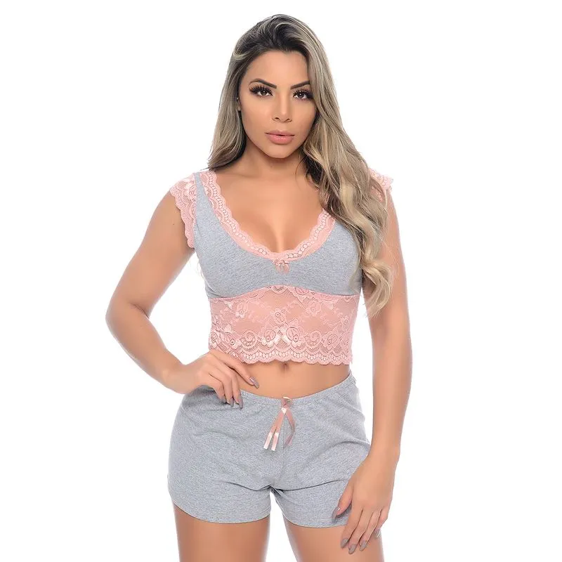Baby Doll Nathalia Pijama em Malha com Detalhes Rendados Patitex