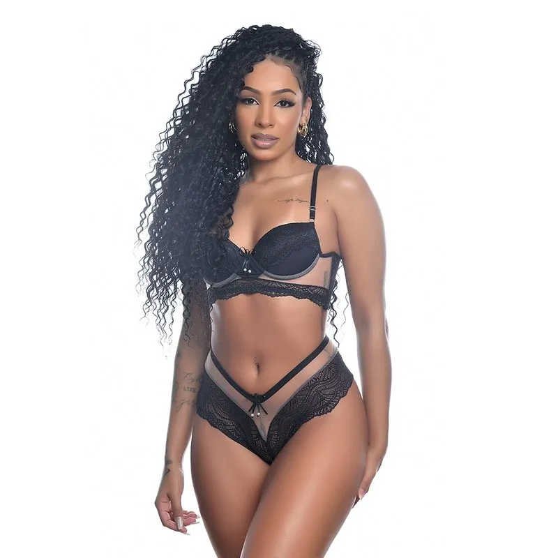 Conjunto Calesson Rendado com Detalhes em Tule Yully Lingerie