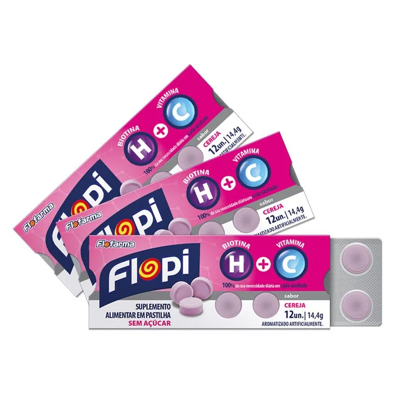 Flopi Suplemento Alimentar em Pastilha Biotina e Vitamina C Sabor Cereja Flofarma