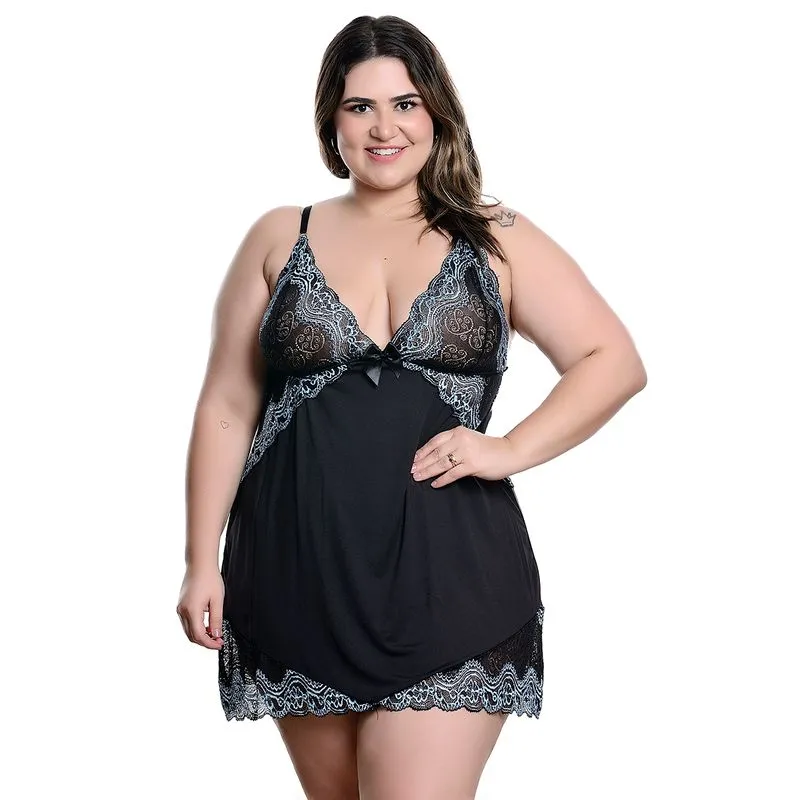 Camisola Plus Size em Tule com Detalhes em Renda Bicolor Hot Love