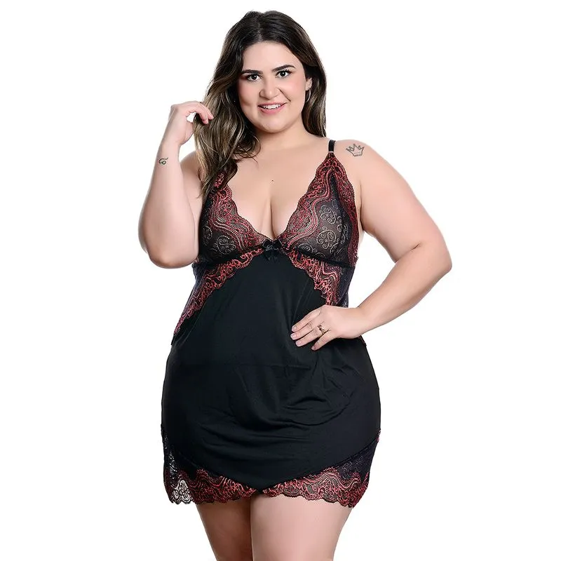 Camisola Plus Size em Tule com Detalhes em Renda Bicolor Hot Love