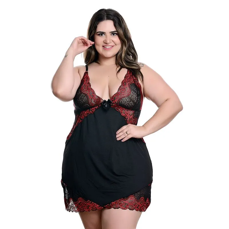 Camisola Plus Size em Tule com Detalhes em Renda Bicolor Hot Love