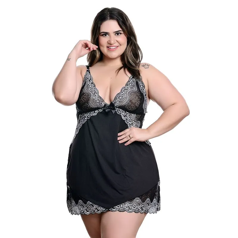 Camisola Plus Size em Tule com Detalhes em Renda Bicolor Hot Love