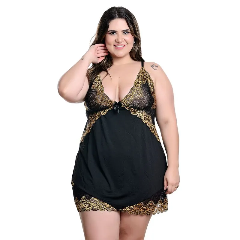 Camisola Plus Size em Tule com Detalhes em Renda Bicolor Hot Love