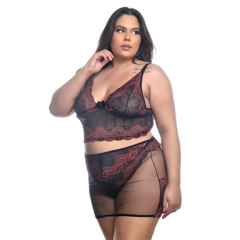 Conjunto Plus Size com Sainha em Tule com Detalhes em Renda Bicolor