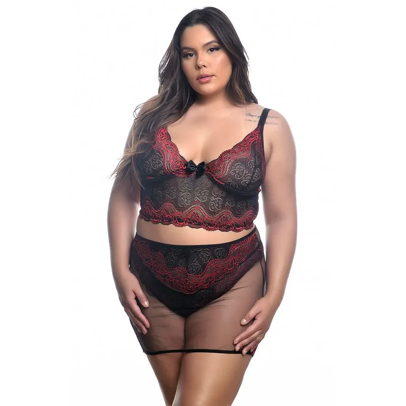 Conjunto Plus Size com Sainha em Tule com Detalhes em Renda Bicolor